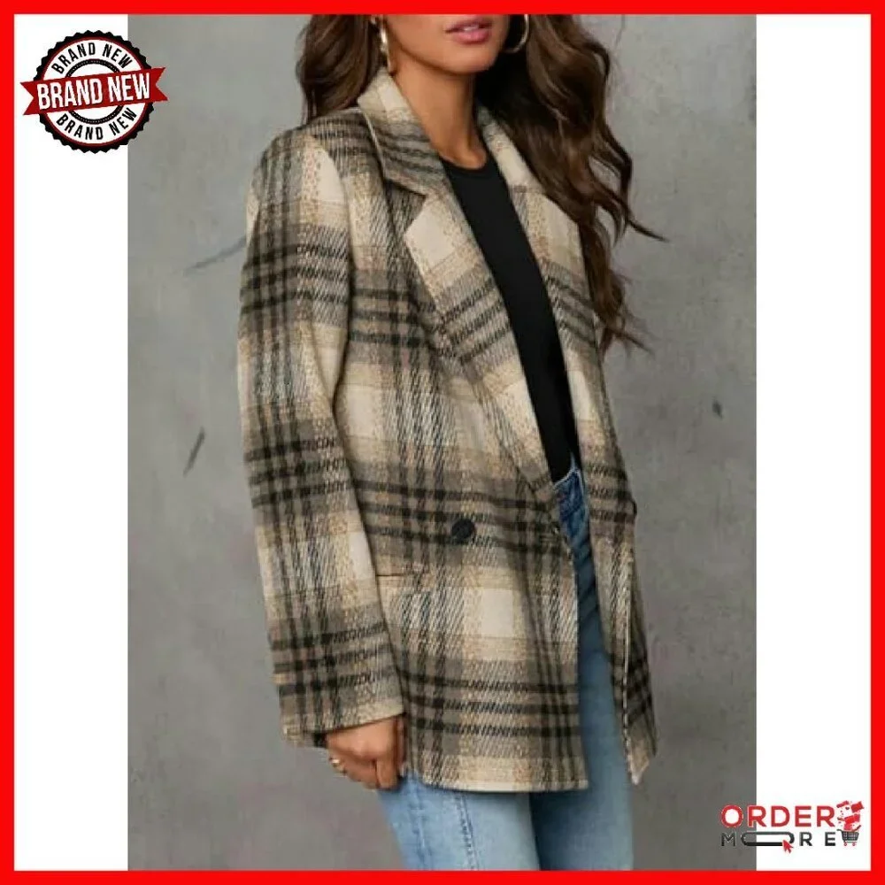 Women's Plaid Blazer Lapel Collar Double Breasted Work Suit Jacket